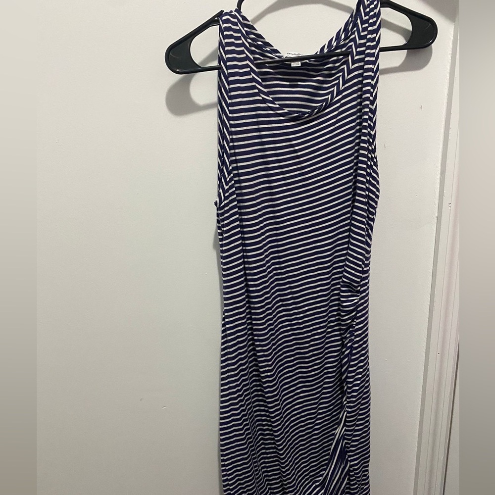 Navy and white striped maxi dress with a synched detailing on the side